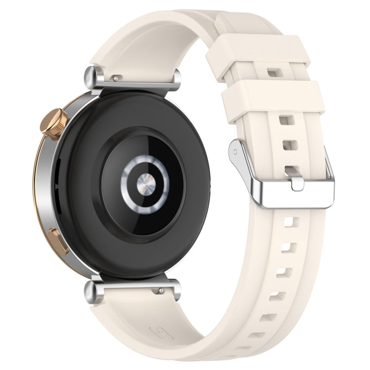 Stylish silver buckle silicone strap for Huawei Watch GT4 41mm, showcasing its soft texture and thickened design.