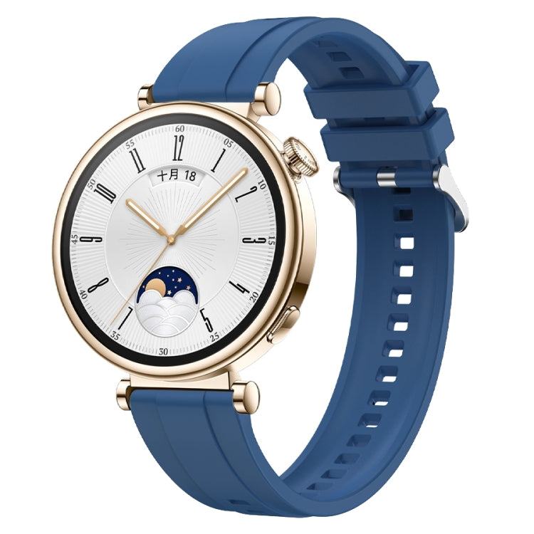 Tire pattern silicone watch strap with silver buckle for Huawei Watch GT4 41mm, showcasing its unique design and comfort.