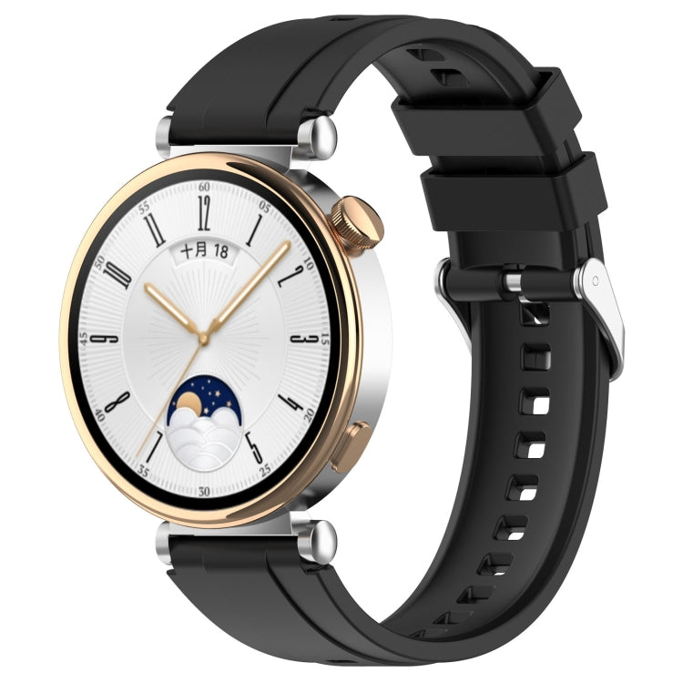 Stylish silver buckle silicone strap for Huawei Watch GT4 46mm, showcasing its soft texture and elegant design.