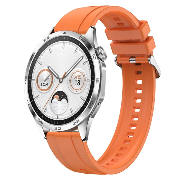 Tire pattern silicone watch strap for Huawei Watch GT4 46mm with silver buckle, showcasing its stylish design and comfortable fit.