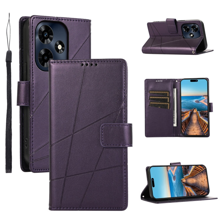 For Infinix Hot 30 PU Genuine Leather Texture Embossed Line Phone Case with card slots and wrist strap.