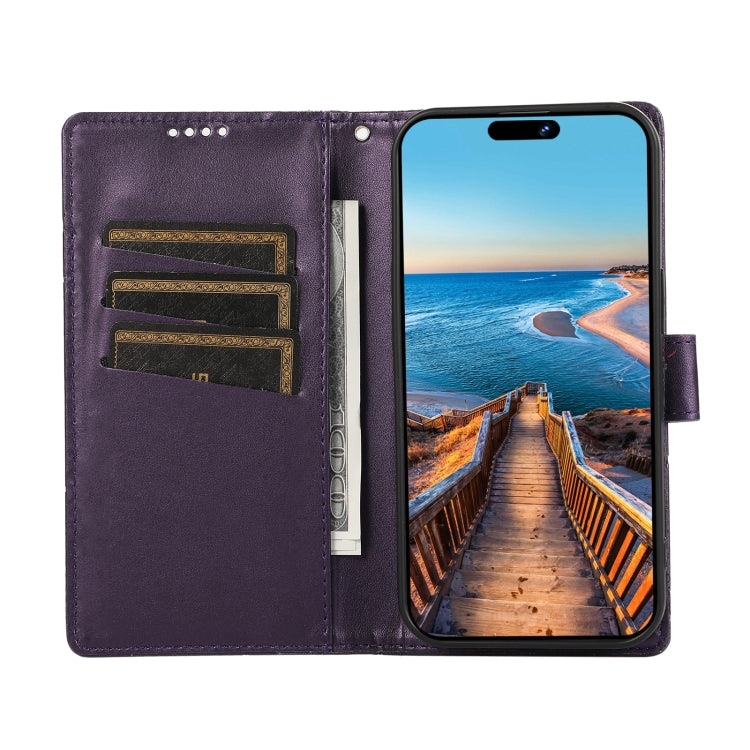 For Infinix Hot 30 PU Genuine Leather Texture Embossed Line Phone Case with card slots and wrist strap.