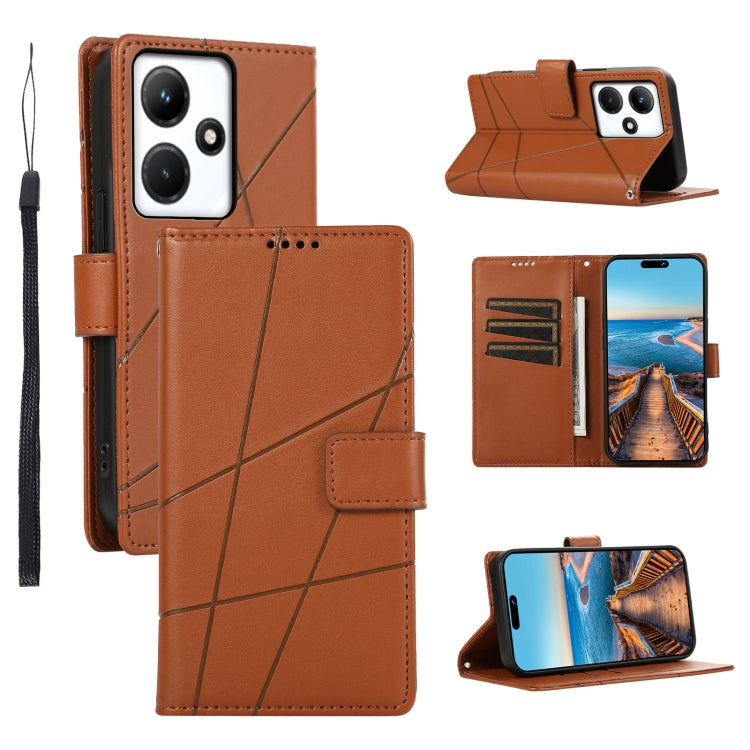 For Infinix Hot 30i PU leather phone case with embossed texture, featuring card slots and a wrist strap.