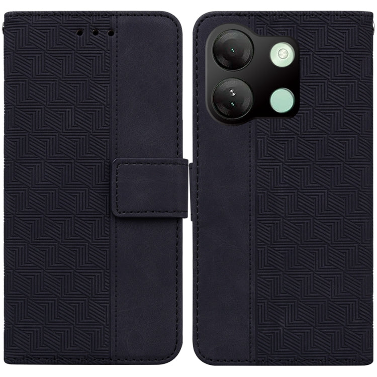 Black geometric embossed leather phone case for Infinix Smart 7 HD, showcasing its stylish design and card slots.