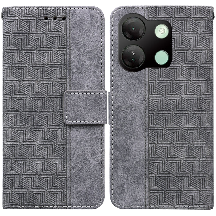 Grey geometric embossed leather phone case for Infinix Smart 7 HD, showcasing its stylish design and functional features.