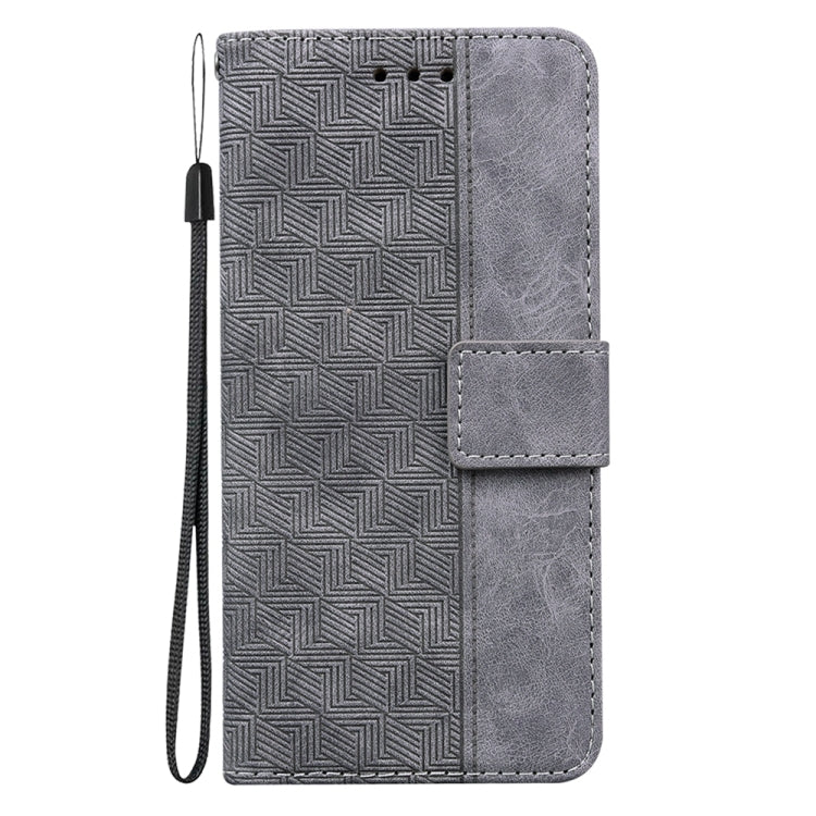 Grey geometric embossed leather phone case for Infinix Smart 7 HD, showcasing its stylish design and functional features.