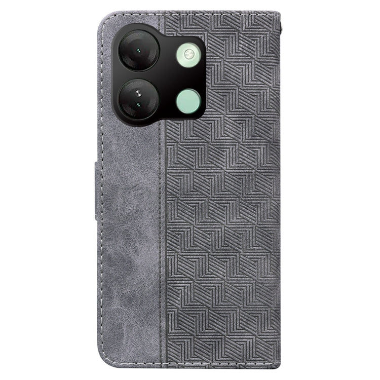 Grey geometric embossed leather phone case for Infinix Smart 7 HD, showcasing its stylish design and functional features.