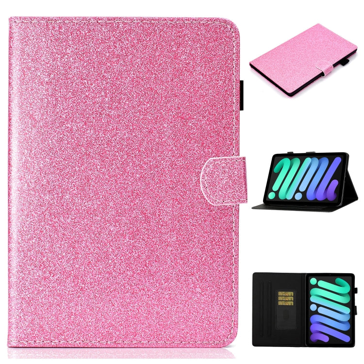 Glossy glitter powder leather case for iPad mini 6, featuring a horizontal flip design for easy viewing and access.