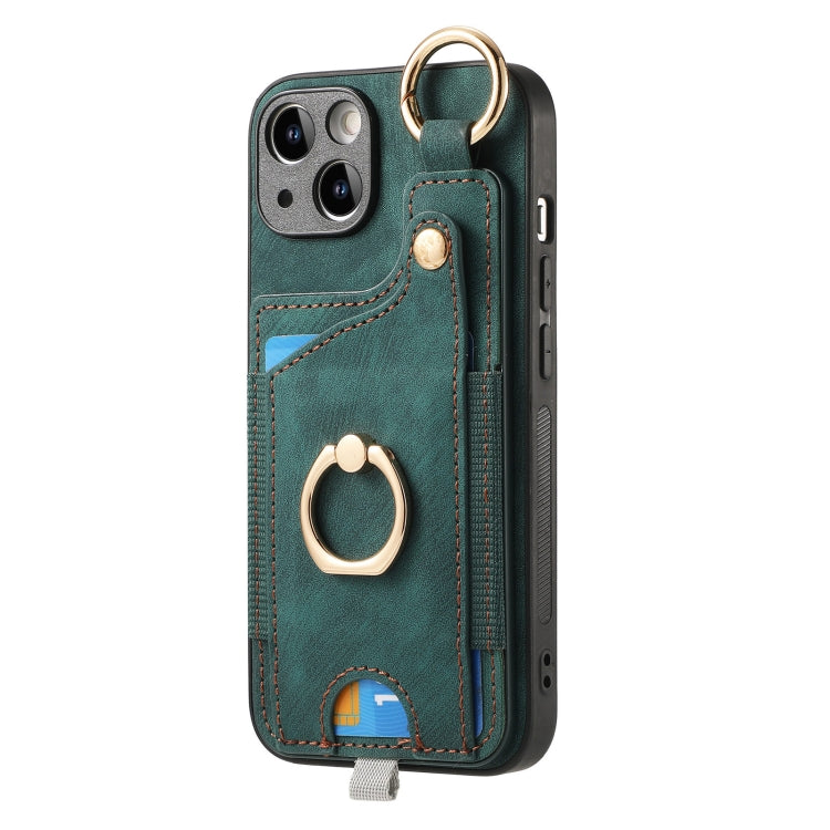 For iPhone 11 Retro Skin-feel Ring Card Bag Phone Case showcasing its stylish design, card holder, and 360-degree rotating ring stand.