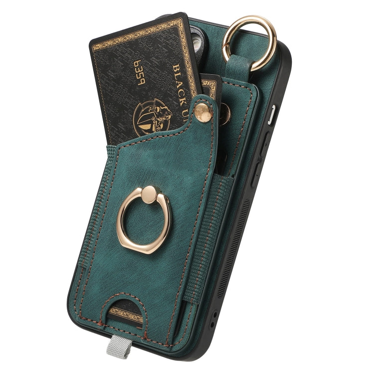 For iPhone 11 Retro Skin-feel Ring Card Bag Phone Case showcasing its stylish design, card holder, and 360-degree rotating ring stand.