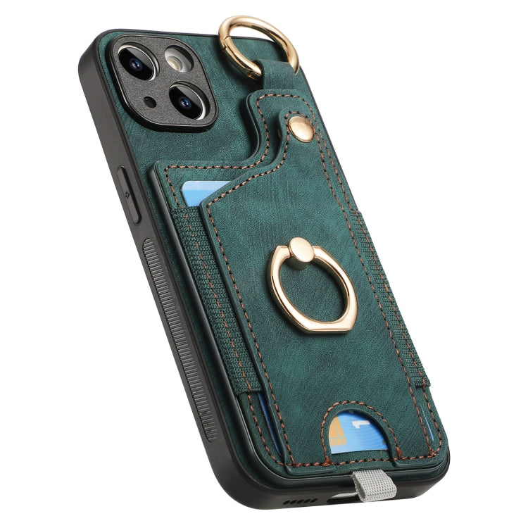 For iPhone 11 Retro Skin-feel Ring Card Bag Phone Case showcasing its stylish design, card holder, and 360-degree rotating ring stand.