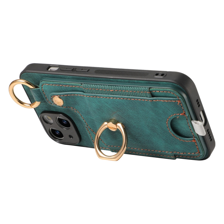 For iPhone 11 Retro Skin-feel Ring Card Bag Phone Case showcasing its stylish design, card holder, and 360-degree rotating ring stand.