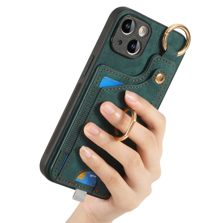 For iPhone 11 Retro Skin-feel Ring Card Bag Phone Case showcasing its stylish design, card holder, and 360-degree rotating ring stand.