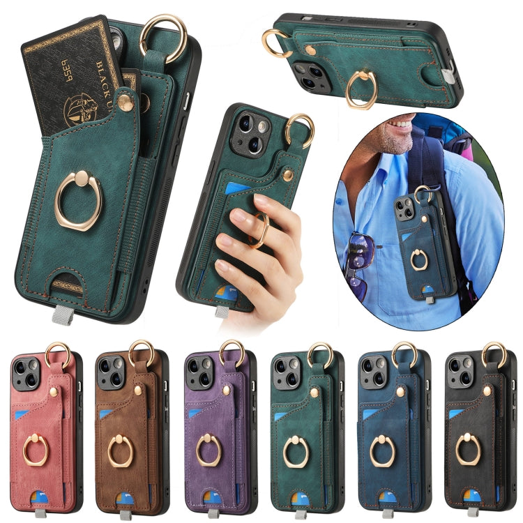 For iPhone 11 Retro Skin-feel Ring Card Bag Phone Case showcasing its stylish design, card holder, and 360-degree rotating ring stand.