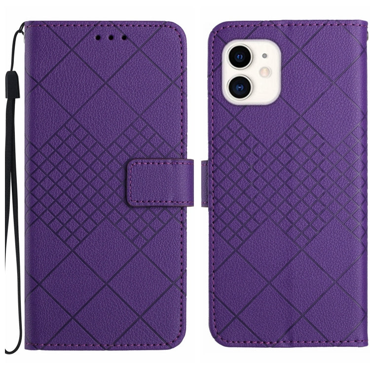 Purple rhombic grid texture leather phone case for iPhone 11, showcasing its stylish design and protective features.