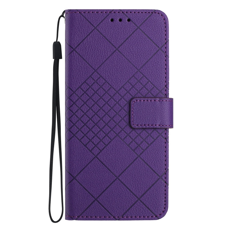 Purple rhombic grid texture leather phone case for iPhone 11, showcasing its stylish design and protective features.