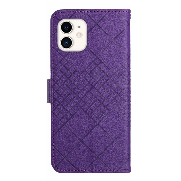 Purple rhombic grid texture leather phone case for iPhone 11, showcasing its stylish design and protective features.