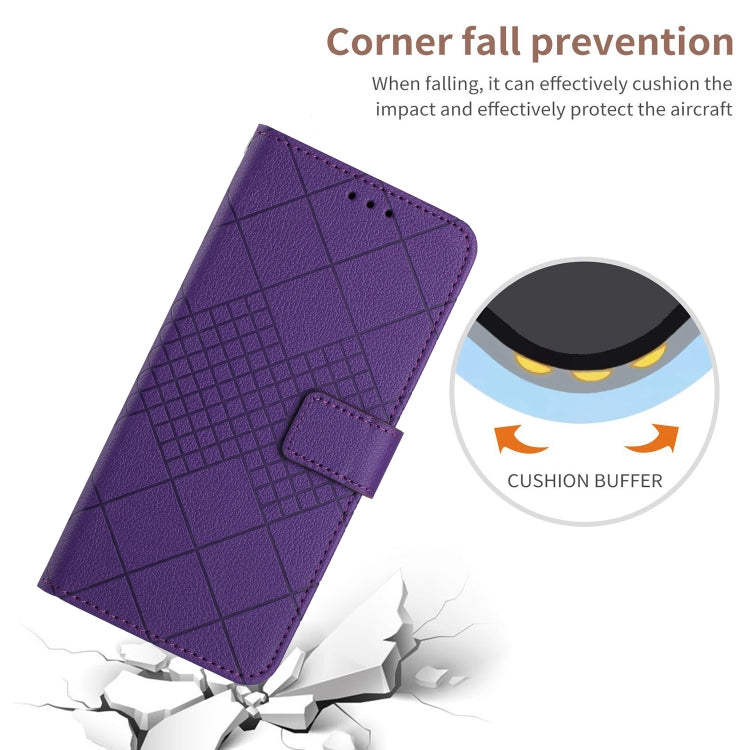 Purple rhombic grid texture leather phone case for iPhone 11, showcasing its stylish design and protective features.