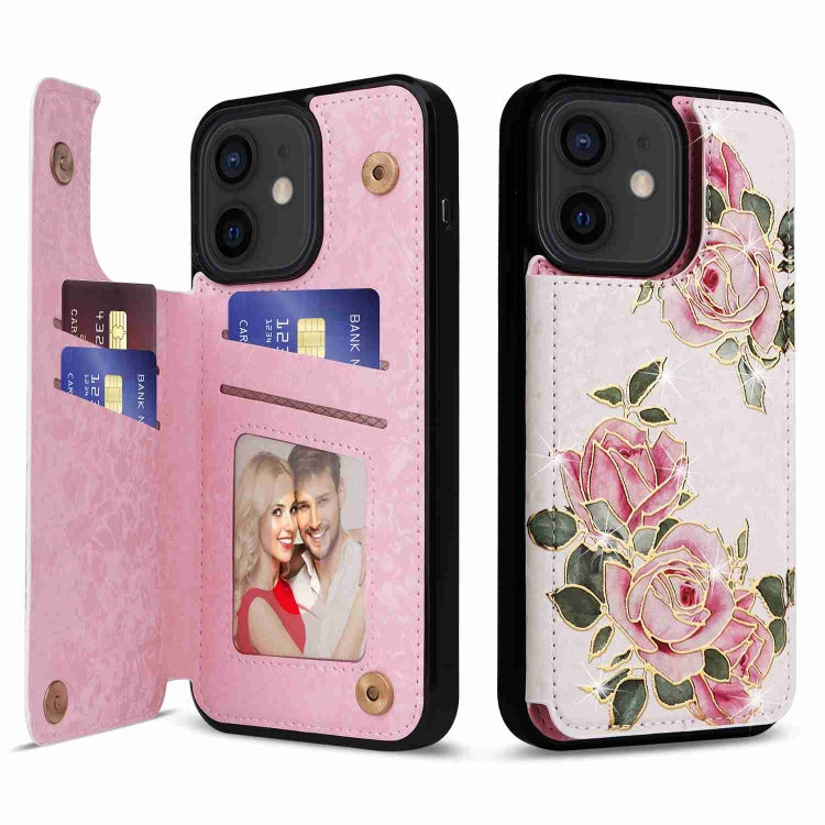 Printed double buckle RFID anti-theft phone case for iPhone 12 and 12 Pro, showcasing card slots and stylish design.