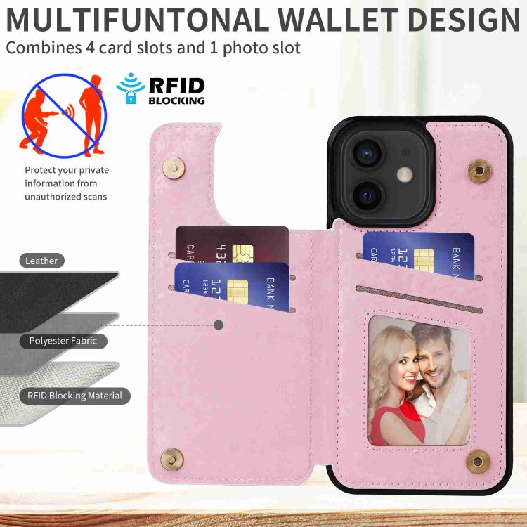 Printed double buckle RFID anti-theft phone case for iPhone 12 and 12 Pro, showcasing card slots and stylish design.