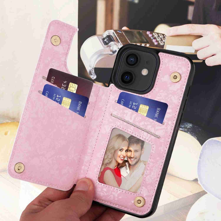 Printed double buckle RFID anti-theft phone case for iPhone 12 and 12 Pro, showcasing card slots and stylish design.