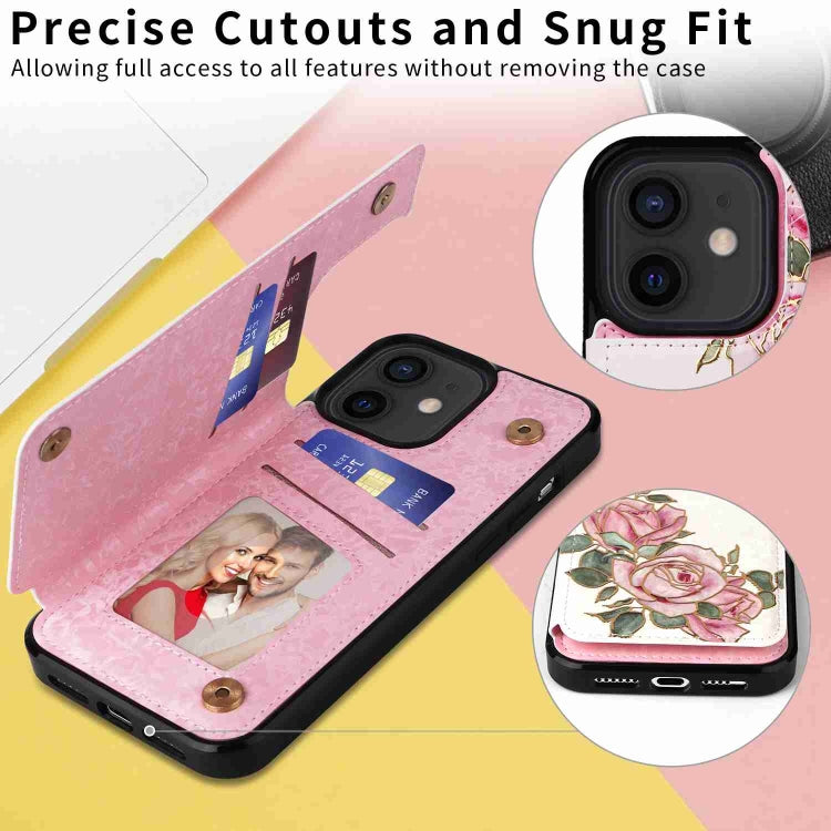 Printed double buckle RFID anti-theft phone case for iPhone 12 and 12 Pro, showcasing card slots and stylish design.