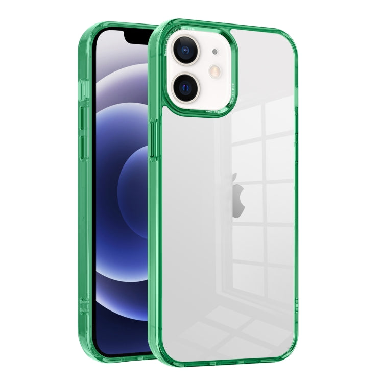 For iPhone 12 Ice Color Clear Acrylic Hybrid TPU Phone Case in Green, showcasing its sleek design and protective features.