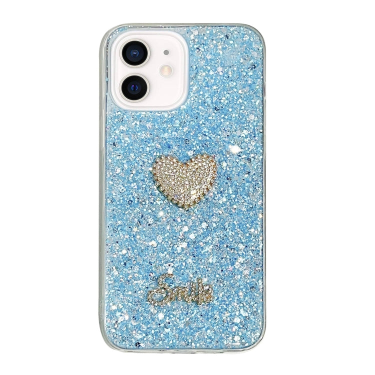 Starry Sequin Diamond Heart Epoxy TPU Phone Case for iPhone 12 mini, showcasing its stylish design and durable material.