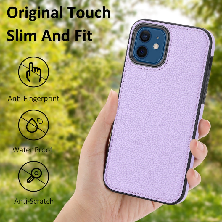 For iPhone 12 Pro Max Litchi Pattern Stitched Side-mounted Phone Case showcasing its stylish design and lightweight build.