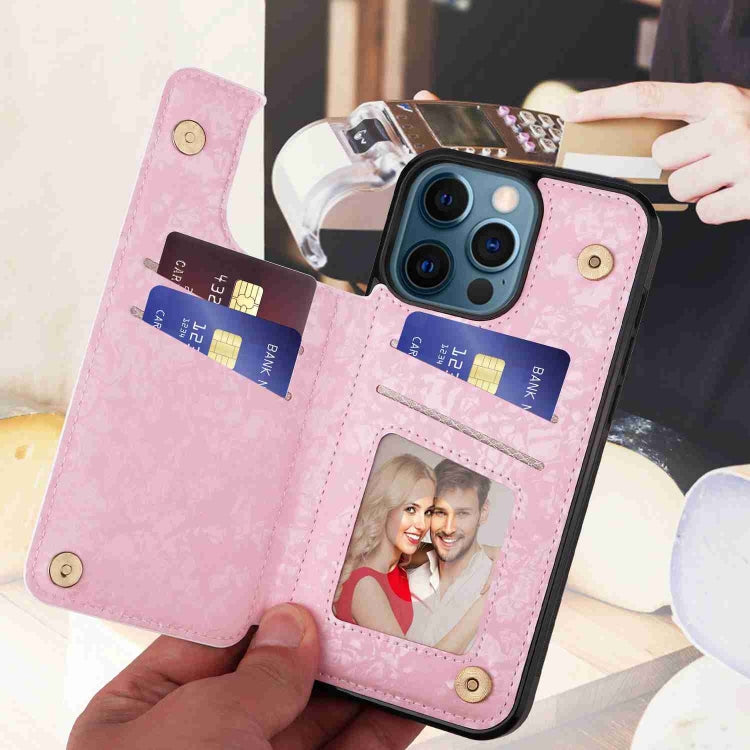 For iPhone 12 Pro Max Printed Double Buckle RFID Anti-theft Phone Case featuring card slots and a stylish design.