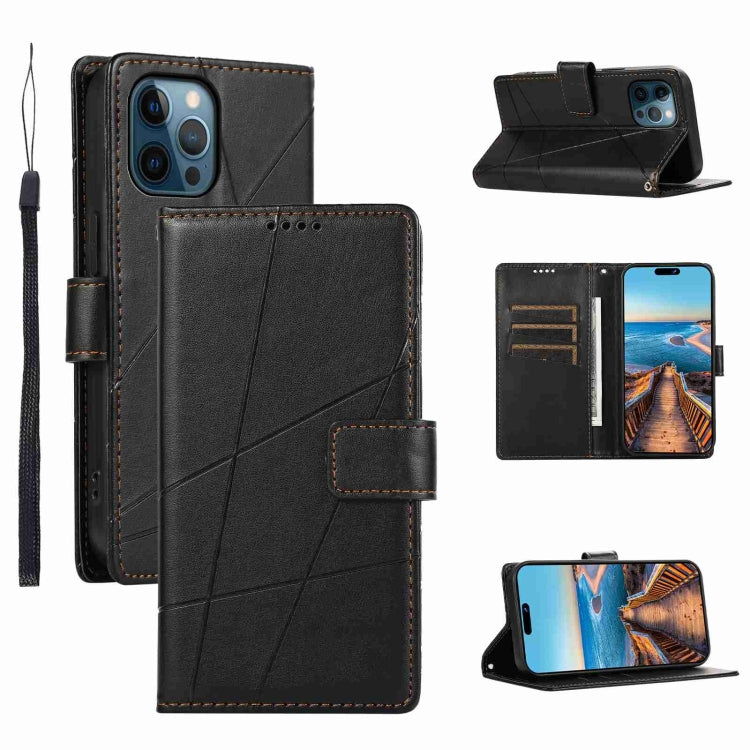 For iPhone 12 Pro Max PU leather case with embossed texture, featuring card slots and a wrist strap.