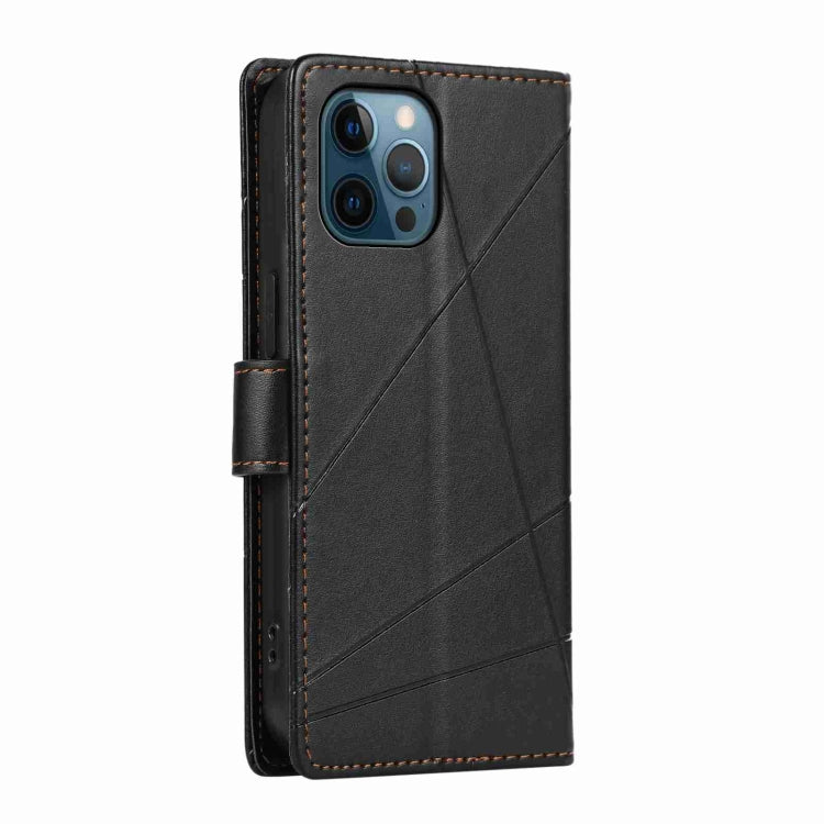 For iPhone 12 Pro Max PU leather case with embossed texture, featuring card slots and a wrist strap.