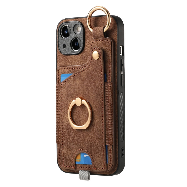 For iPhone 12 Pro Retro Skin-feel Ring Card Bag Phone Case with Hang, showcasing its durable TPU+PU material and 360-degree rotating ring stand.