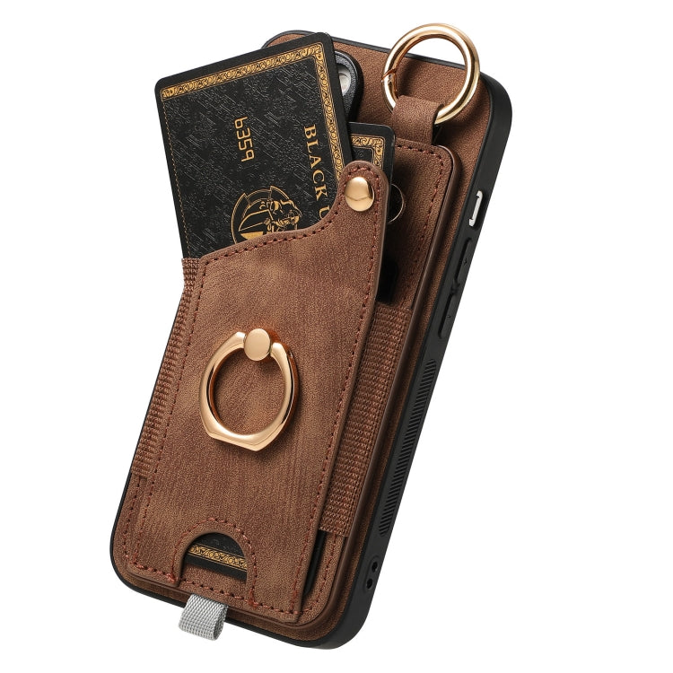 For iPhone 12 Pro Retro Skin-feel Ring Card Bag Phone Case with Hang, showcasing its durable TPU+PU material and 360-degree rotating ring stand.