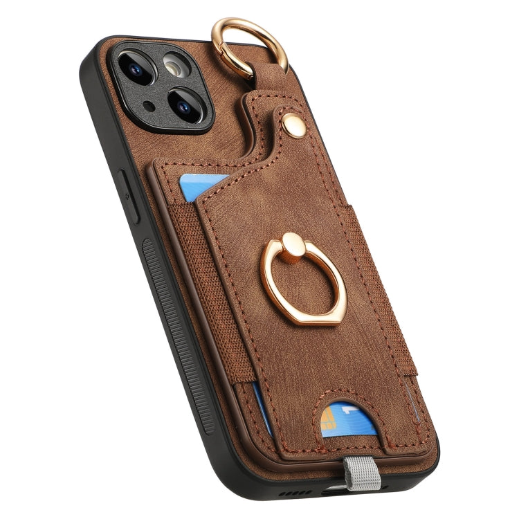 For iPhone 12 Pro Retro Skin-feel Ring Card Bag Phone Case with Hang, showcasing its durable TPU+PU material and 360-degree rotating ring stand.