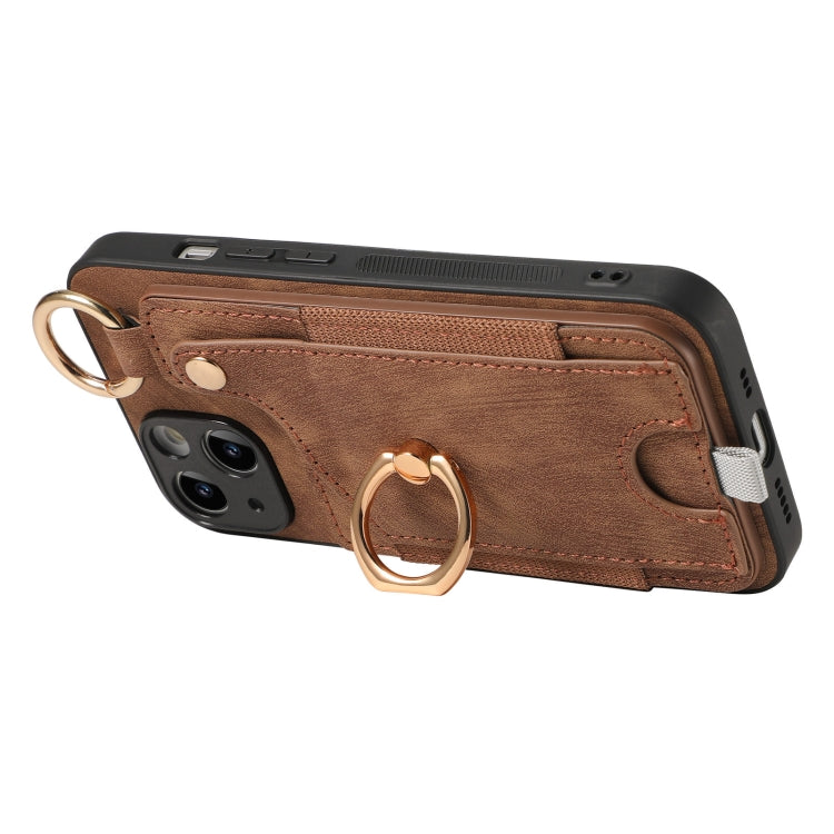 For iPhone 12 Pro Retro Skin-feel Ring Card Bag Phone Case with Hang, showcasing its durable TPU+PU material and 360-degree rotating ring stand.