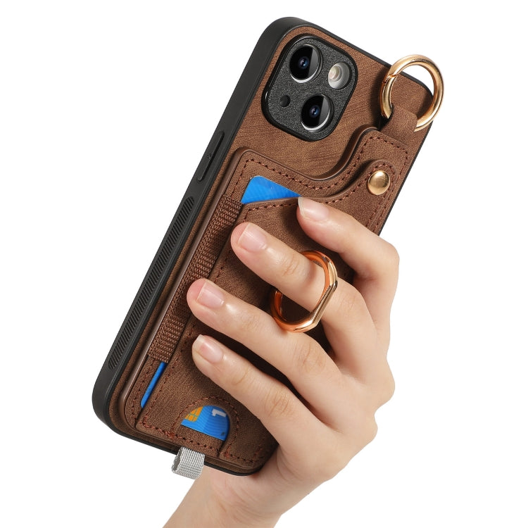 For iPhone 12 Pro Retro Skin-feel Ring Card Bag Phone Case with Hang, showcasing its durable TPU+PU material and 360-degree rotating ring stand.