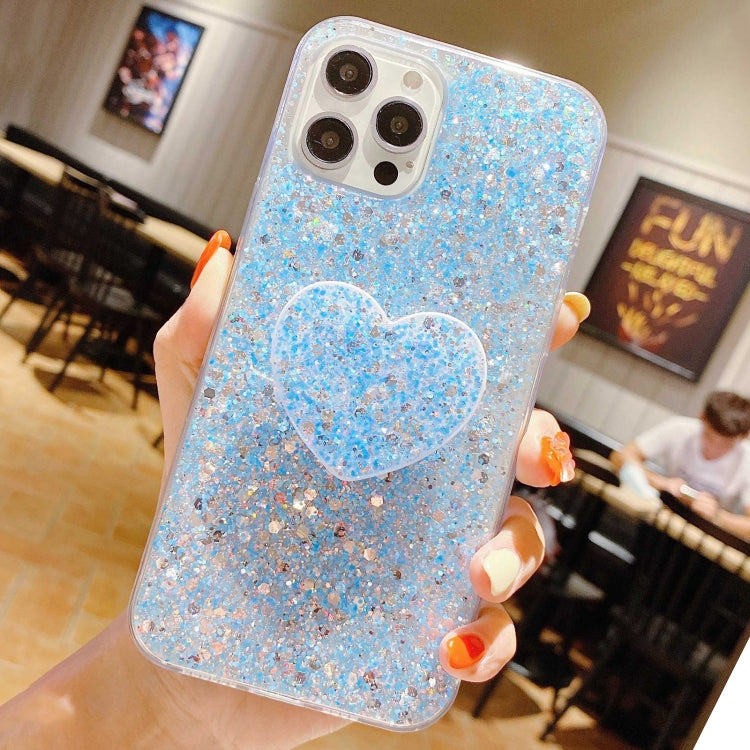 Blue Starry Sequin Heart Stand Epoxy TPU Phone Case for iPhone 12 Pro, showcasing its stylish design and protective features.