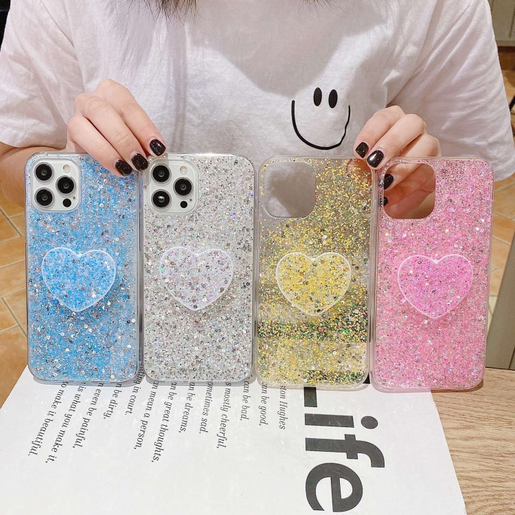 Blue Starry Sequin Heart Stand Epoxy TPU Phone Case for iPhone 12 Pro, showcasing its stylish design and protective features.