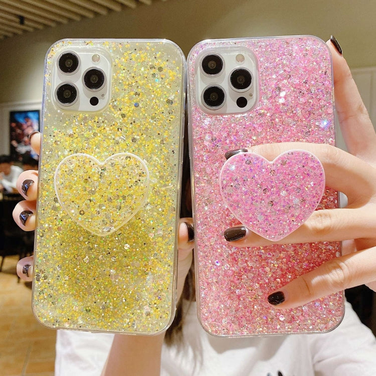 Blue Starry Sequin Heart Stand Epoxy TPU Phone Case for iPhone 12 Pro, showcasing its stylish design and protective features.