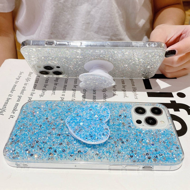 Blue Starry Sequin Heart Stand Epoxy TPU Phone Case for iPhone 12 Pro, showcasing its stylish design and protective features.