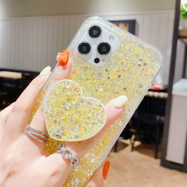 Blue Starry Sequin Heart Stand Epoxy TPU Phone Case for iPhone 12 Pro, showcasing its stylish design and protective features.