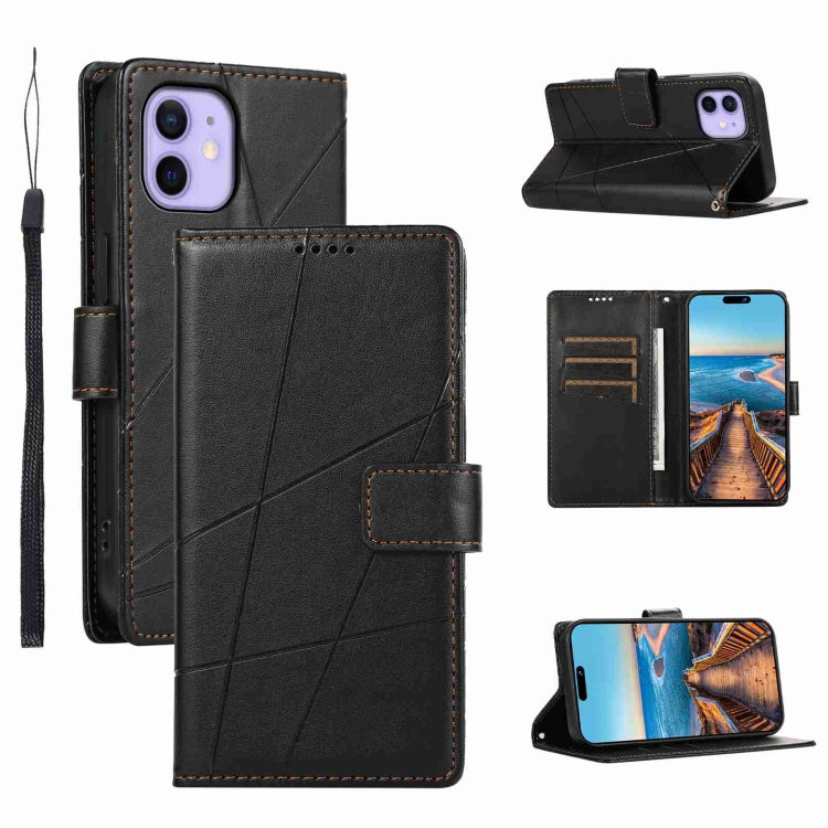 For iPhone 12 PU Genuine Leather Texture Embossed Line Phone Case with card slots and kickstand feature, showcasing its stylish design.