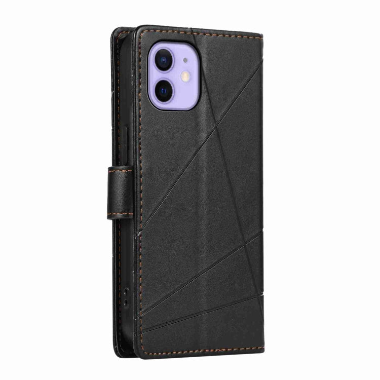 For iPhone 12 PU Genuine Leather Texture Embossed Line Phone Case with card slots and kickstand feature, showcasing its stylish design.