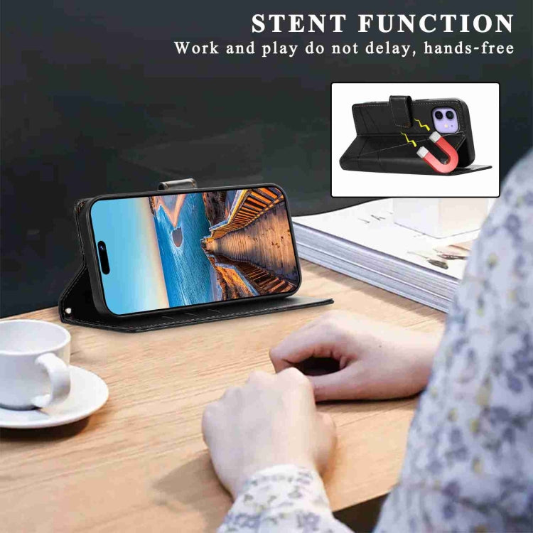 For iPhone 12 PU Genuine Leather Texture Embossed Line Phone Case with card slots and kickstand feature, showcasing its stylish design.