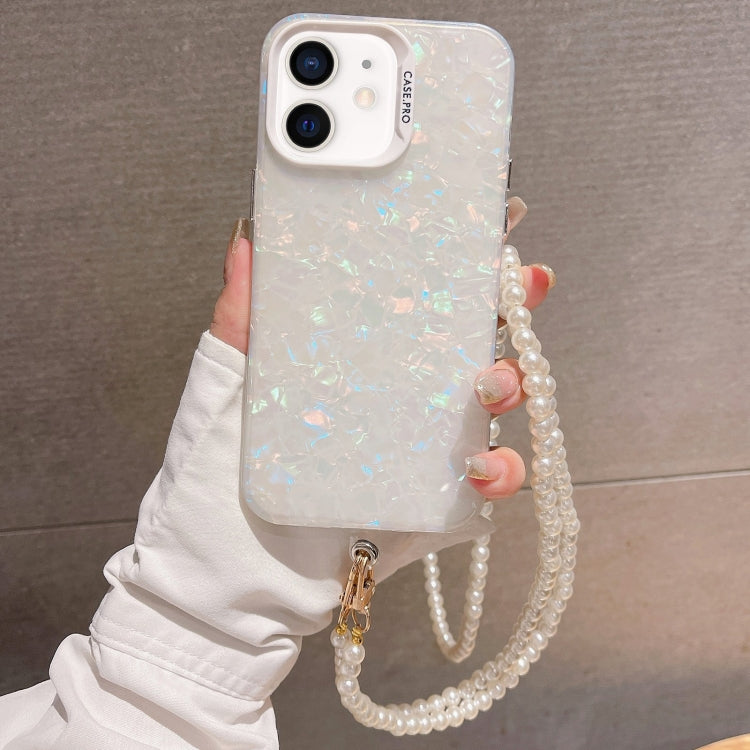 For iPhone 12 Shell Texture Crossbody case featuring a pearl chain, made from TPU and acrylic materials.