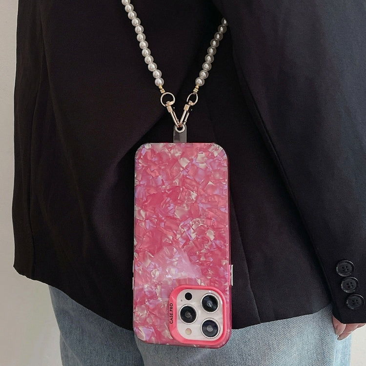 For iPhone 12 Shell Texture Crossbody case featuring a pearl chain, made from TPU and acrylic materials.