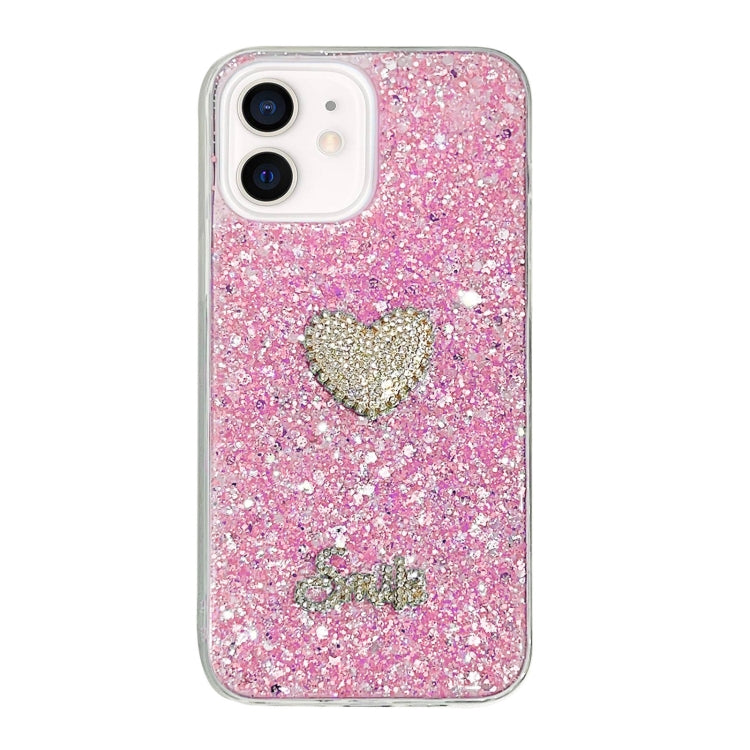 Pink iPhone 12 phone case featuring a diamond heart design, made from durable epoxy TPU material, showcasing a stylish and protective accessory.