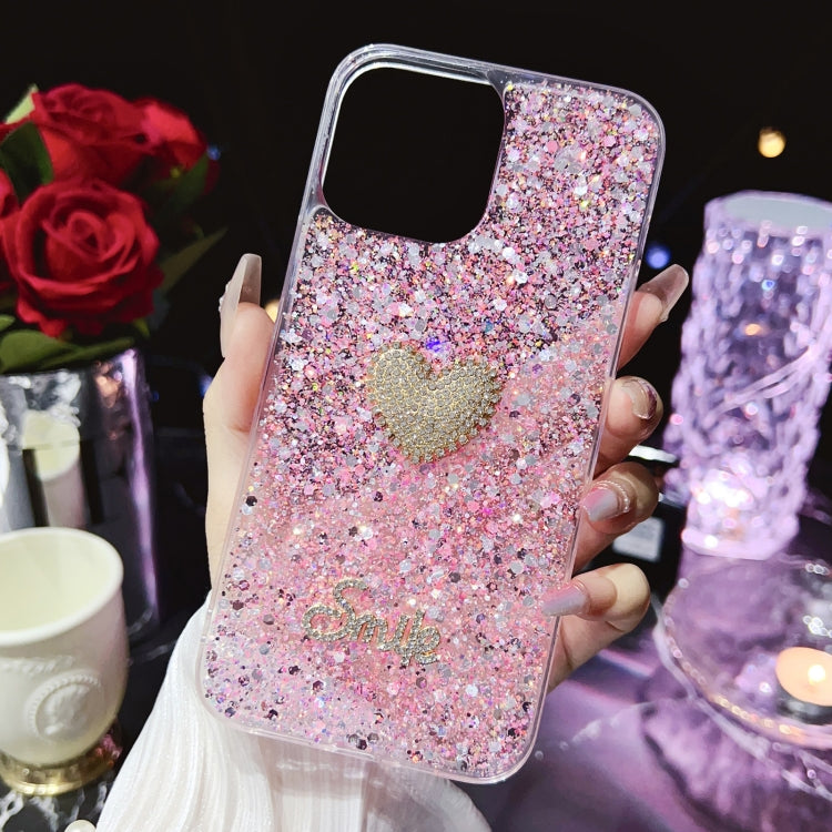 Pink iPhone 12 phone case featuring a diamond heart design, made from durable epoxy TPU material, showcasing a stylish and protective accessory.