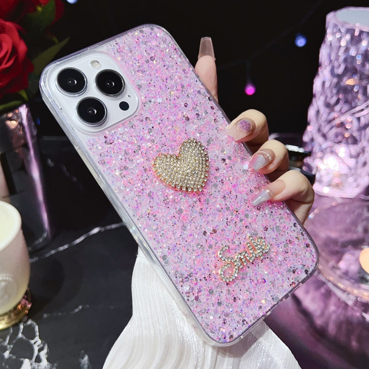 Pink iPhone 12 phone case featuring a diamond heart design, made from durable epoxy TPU material, showcasing a stylish and protective accessory.